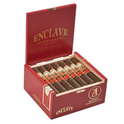 AJ Fernandez Enclave Broadleaf by AJ Fernandez Robusto Cigars 20Ct. Box, red wooden cigar box with opened lid showcasing 20 cigars inside with band labels