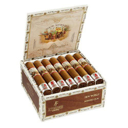 AJ Fernandez New World Connecticut by AJ Fernandez Robusto Cigars 20Ct. Box, open box showing 20 cigars with white bands featuring red AJ Fernandez logo, inside lid decorated with colorful New World illustration.