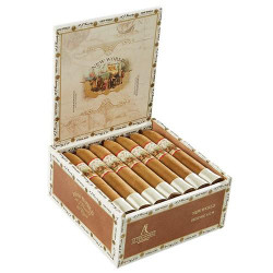 AJ Fernandez New World Connecticut by AJ Fernandez Belicoso Cigars 20Ct. Box, open cigar box showing rows of Belicoso cigars with white and floral band labels. AJ Fernandez New World Connecticut by AJ Fernandez Belicoso Cigars 20Ct. Box, open cigar box showing rows of Belicoso cigars with white and floral band labels.