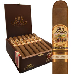 AJ Fernandez San Lotano Oval Connecticut Corona Cigars 20Ct. Box, open box showing ten cigars with brown wrappers and artwork on the cigar band, alongside a single cigar with detailed label featuring a vintage scene. AJ Fernandez San Lotano Oval Connecticut Corona Cigars 20Ct. Box, open box showing ten cigars with brown wrappers and artwork on the cigar band, alongside a single cigar with detailed label featuring a vintage scene.