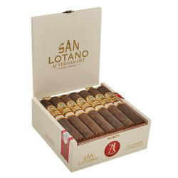 AJ Fernandez San Lotano Oval Maduro Toro Cigars 20Ct. Box, open white box revealing 20 cigars with dark Maduro wrappers arranged in two rows, with the San Lotano logo on the inside lid.