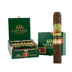 AJ Fernandez San Lotano Requiem Gran Toro Cigars 20Ct. Box, a green box of premium cigars and a single cigar standing upright showing its detailed band.