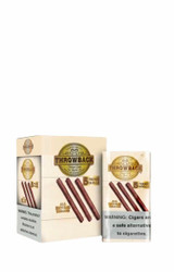 Throwback Natural Leaf Cigars French Vanilla Box 8 Packs of 5, image of the cigar box and individual cigars with branding and warning label.