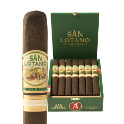 AJ Fernandez San Lotano Requiem Maduro Toro Cigars 20Ct. Box, a green box filled with ten dark Maduro cigars with labeled bands, and one cigar outside the box showcasing its detailed band design.