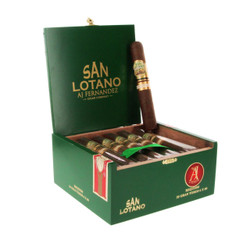 AJ Fernandez San Lotano Requiem Maduro Gran Toro Cigars 20Ct. Box, green cigar box open to display cigars with golden and green labels.