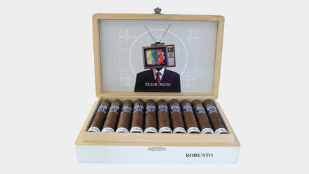 Alec Bradley Alec & Bradley Blind Faith Robusto Cigars 24Ct. Box, open wooden cigar box revealing rows of cigars with black and white bands inside a white box with the word 'Robusto' printed on the front.
