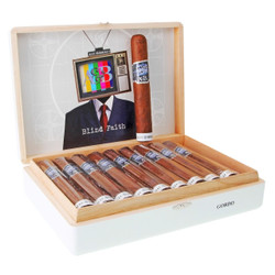 Alec Bradley Alec & Bradley Blind Faith Gordo Cigars 24Ct. Box, wooden cigar box with 24 cigars and artwork including a person with a TV for a head and the text 'Blind Faith' inside.