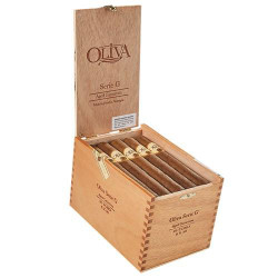 Oliva Cigars Oliva Serie G Cameroon Toro Cigars 25Ct. Box, open wooden box displaying neatly arranged cigars with light-colored bands and a hinged lid showing branding and product details.