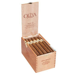 Oliva Cigars Oliva Serie 'G' Cameroon Torpedo Cigars 25Ct.Box-Press, open wooden box showcasing neatly arranged torpedo-shaped cigars with bands featuring the Oliva logo.