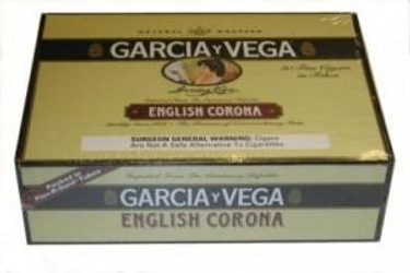 Swedish Match Garcia Y Vega English Corona Cigars Box, a rectangular packaging with gold, black, and silver colors displaying the brand and product name. Swedish Match Garcia Y Vega English Corona Cigars Box, a rectangular packaging with gold, black, and silver colors displaying the brand and product name.