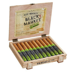 Alec Bradley Black Market Vandal 'The Con' Toro Cigars 10Ct. Box, open wooden box displaying ten cigars with green and black band designs inside a rustic wooden case with a label inside the lid.