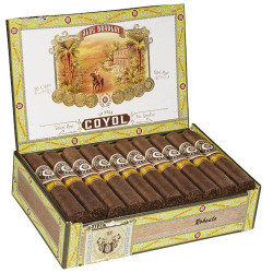 Alec Bradley Coyol Robusto Cigars 24Ct. Box, open box displaying 24 cigars with ornate packaging and artwork on the inside lid, set in a decorative gold and yellow box.