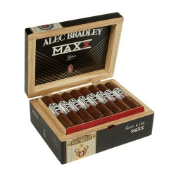 Alec Bradley MAXX Cigars The Nano 24Ct. Box, opened wooden cigar box displaying the row of cigars with branded bands. Alec Bradley MAXX Cigars The Nano 24Ct. Box, opened wooden cigar box displaying the row of cigars with branded bands.