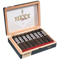 Alec Bradley Maxx Black Culture Cigars 15Ct. Box, open box showing multiple cigars with black and red labels inside a wooden presentation case.