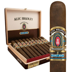 Alec Bradley Prensado Lost Art Double T Cigars 20Ct Box, featuring a wooden cigar box filled with 20 cigars and a close-up of a single cigar with detailed band design.