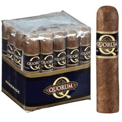 Quorum Short Robusto Cigars 20 Ct. Bundle, a pack of 20 handmade cigars with brown wrappers and black and gold band labels. Quorum Short Robusto Cigars 20 Ct. Bundle, a pack of 20 handmade cigars with brown wrappers and black and gold band labels.