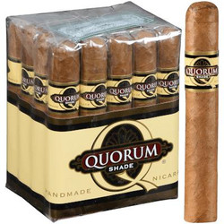 Quorum Shade Robusto Cigars 20 Ct. Bundle, a pack of handmade cigars with a single cigar displayed beside the bundle showcasing the design and branding.