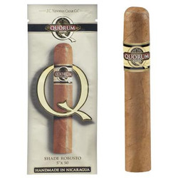 Quorum Shade Robusto Cigars 6 Ct. Pack, image of a single cigar placed beside the packaging box displaying the product name and branding. Quorum Shade Robusto Cigars 6 Ct. Pack, image of a single cigar placed beside the packaging box displaying the product name and branding.