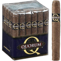 Quorum Tres Petit Corona Cigars 30 Count Bundle, a package of cigarillos with one cigar outside the box, featuring brown cigars with Quorum branded bands.