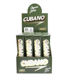 Vibes Rolling Paper Vibes Cubano King Size Organic Hemp Cone Display 24ct, a display box of organic hemp cones for rolling, featuring green packaging with white and gold labeling. Vibes Rolling Paper Vibes Cubano King Size Organic Hemp Cone Display 24ct, a display box of organic hemp cones for rolling, featuring green packaging with white and gold labeling.