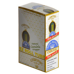 Royal Blunts EZ Roll Wraps Tubes Chronic Natural Candela 25Ct, packaging box with product name and warning labels.
