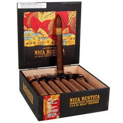Drew Estate Nica Rustica Broadleaf Belly Cigars 25 Ct Box, a black box with an open lid showing five cigars wrapped in broadleaf, with colorful illustrations of houses and leaves on the packaging. Drew Estate Nica Rustica Broadleaf Belly Cigars 25 Ct Box, a black box with an open lid showing five cigars wrapped in broadleaf, with colorful illustrations of houses and leaves on the packaging.