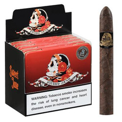 Drew Estate Deadwood Baby Jane Cigars 5/10 Tins, featuring a black and red tin box with a skull and flower design, and a single cigar with a dark wrapper and gold band.