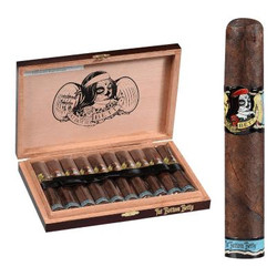 Drew Estate Deadwood Fat Bottom Betty Cigars 10 Ct. Box, a wooden cigar box with 10 cigars inside and a single Fat Bottom Betty cigar standing upright beside it.