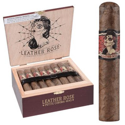Drew Estate Deadwood Leather Rose Petite Corona Cigars 24 Ct Box, open box showing cigars with wrap featuring a skull and rose design, and one cigar outside the box.