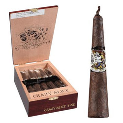 Drew Estate Deadwood Crazy Alice Cigars 10 Ct. Box, showcasing an open wooden box with cigars and a single cigar outside with Crazy Alice themed label.