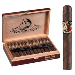 Drew Estate Deadwood Sweet Jane Cigars 24 Ct. Box, open wooden cigar box with 24 cigars inside, and a single cigar standing upright beside it, featuring a dark band with colorful artwork.