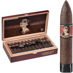Drew Estate Deadwood Leather Rose Torpedo Cigars 24 Ct. Box, open wooden box showcasing 24 cigars with a decorative label featuring a skeleton woman with roses.