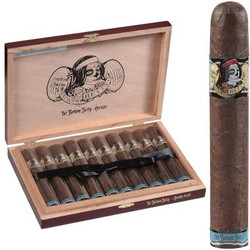 Drew Estate Deadwood Fat Bottom Betty Gordito Cigars 10 Ct. Box, open wooden cigar box with ten cigars featuring distinctive band designs.