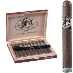 Drew Estate Deadwood Fat Bottom Betty Toro Cigars 10 Ct. Box, open wooden humidor with 10 cigars inside and a single Fat Bottom Betty cigar standing upright outside the box.