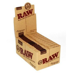RAW Classic Rolling Papers Connoisseur 1 1/4 With Tips, cardboard display box filled with individually wrapped rolling paper packs. RAW Classic Rolling Papers Connoisseur 1 1/4 With Tips, cardboard display box filled with individually wrapped rolling paper packs.