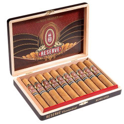 Alec Bradley Reserve Connecticut Robusto Cigars 10Ct. Box, open wooden cigar humidor displaying ten cigars with branded bands, decorative logo interior, and stylish packaging.