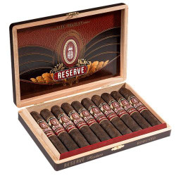 Alec Bradley Reserve Maduro Robusto Cigars 10Ct. Box, wooden box open displaying ten dark, neatly arranged cigars with red and gold labels.