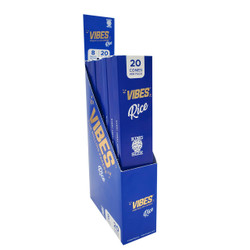 Vibes Rice King Size Cones 20Pk, blue packaging box with multiple rolling cones inside