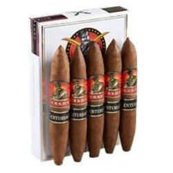 Gurkha Centurian Double Perfecto Cigars 5Pk, set of five premium cigars with dark brown wrappers and decorative bands in a white box.
