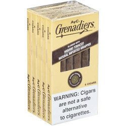 Altadis AYC Grenadiers Natural Dark Pack Cigars, pack of six cigars with a transparent window showing dark cigars inside, featuring beige and black packaging with warning label. Altadis AYC Grenadiers Natural Dark Pack Cigars, pack of six cigars with a transparent window showing dark cigars inside, featuring beige and black packaging with warning label.
