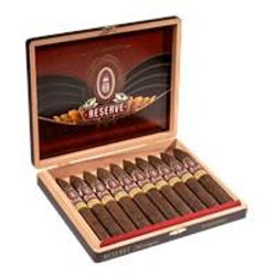 Alec Bradley Reserve Nicaraguan Torpedo Cigars 10Ct. Box, open wooden cigar box showcasing 10 cigars with the brand logo on the lid.