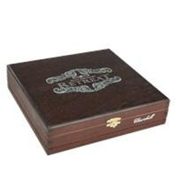 Alec Bradley Retreat Churchill Cigars 20 Count Box, a wooden cigar box with silver detailing and branding for storing premium cigars.