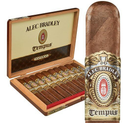 Alec Bradley Tempus Quadrum Cigars 10Ct. Box, open wooden box displaying ten cigars with detailed bands featuring the Alec Bradley logo and design.