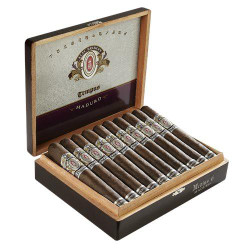 Alec Bradley Tempus Maduro Medius 6 Cigars 20Ct. Box, wooden cigar box containing 20 cigars with detailed band labels, open lid displaying branded interior with the Alec Bradley Tempus logo, designed for premium cigar enthusiasts.