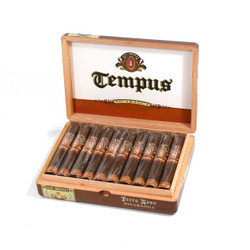 Alec Bradley Tempus Nicaragua Terra Novo Cigars 24Ct. Box, open wooden cigar box displaying twelve cigars with premium branding and colorful labels inside.