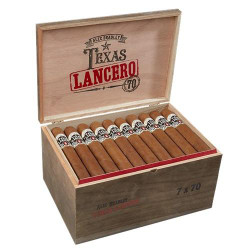 Alec Bradley Texas Lancero Cigars 50 Ct. Box, open wooden cigar box showcasing a row of cigars with branded bands.
