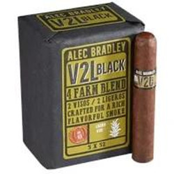 Alec Bradley V2L Black Robusto Cigars 20Pk, image showing a box of cigars with one cigar displayed outside the box.