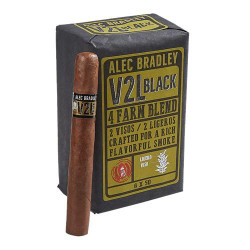 Alec Bradley V2L Black Toro Cigars 20Pk, a neatly packed box of cigars with a single cigar standing upright beside it.