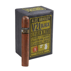 Alec Bradley V2L Black Gordo Cigars 20Ct. Pack, featuring a single cigar standing next to a box of the cigars with black and yellow packaging design.