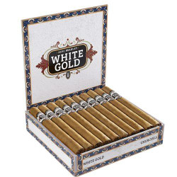 Alec Bradley White Gold Churchill Cigars 20Ct. Box, open box displaying 20 cigars neatly arranged, with decorative packaging and branding.